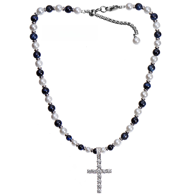 Pearl Tiger’s Eye Cross Pendant – Silver Finish